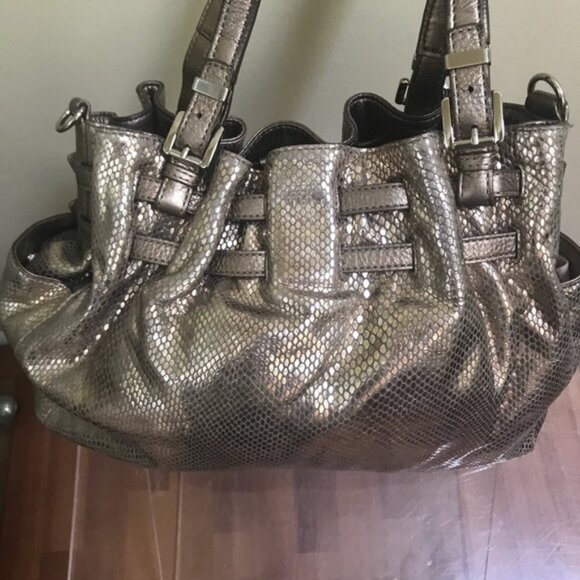 Michael Kors Leather Snake Print Gold Shoulder Hobo Bag Satchel Pockets Neutral - Picture 5 of 16